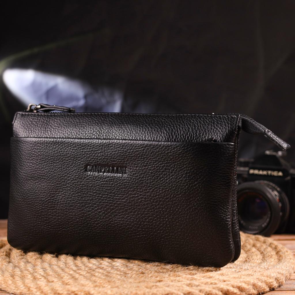 Spacious Men's Clutch Made of Genuine Grained Leather CANPELLINI 21557 Black