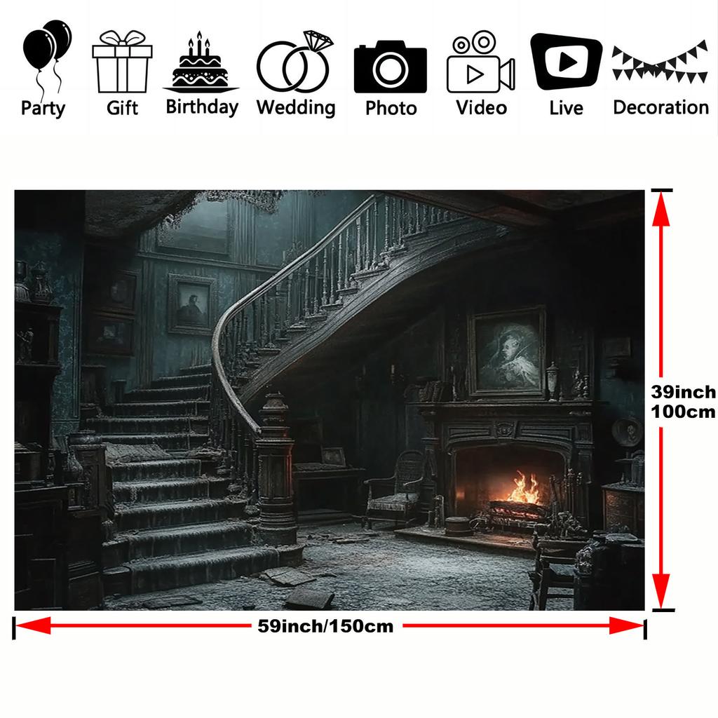 1pc 2D flat Halloween retro gothic building background cloth, Halloween decoration, no power required——sjs