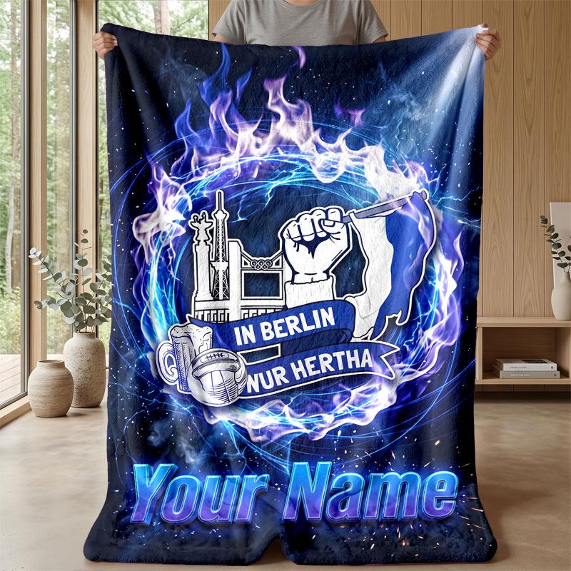 hertha bsc Custom Name Text Flannel Blanket Soccer Logo Personalized Fleece Throw Blanket Special Gift For Sofa Bedroom Home