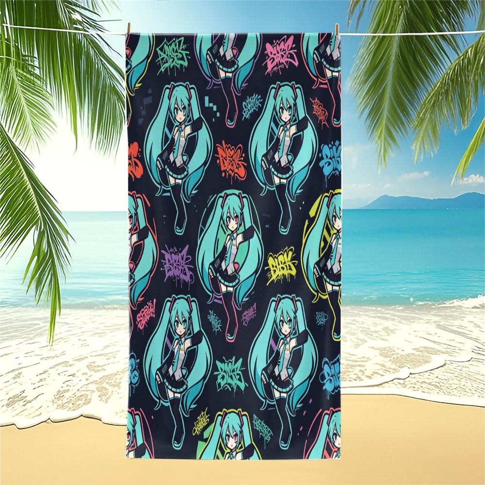 Cute Chibi Hatsune Miku Beach Towel HD Print Pool Towel Camping Bath Towel Blanket Lightweight Absorbent for Teens Beach Pool