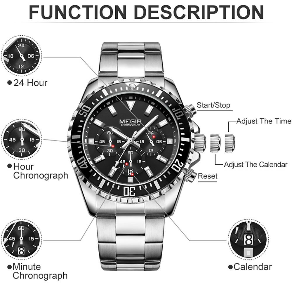 Мужские кварцевые часы с хронографом из нержавеющей стали, водонепроницаемые, светящиеся аналоговые 24-часовые наручные часы для мужчин, зеленый циферблат