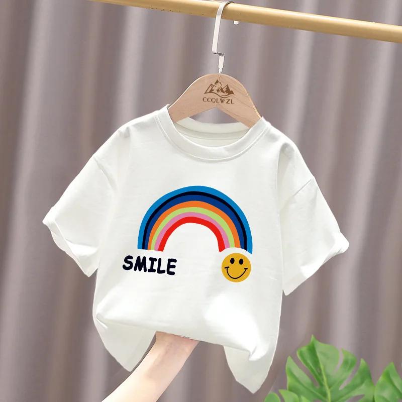 Summer Cotton Children Tshirt Cartoon Rainbow Smile Face Printed Korean Kids Tshirt Boys Girls Comfortable Short Sleeve Tee Top