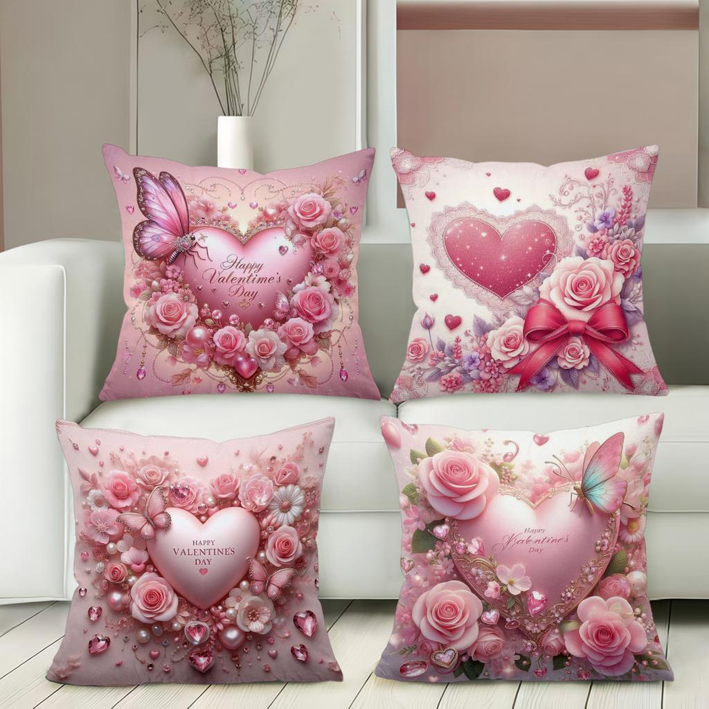 Pink Heart Rose Pillow Set For Valentine's Day Polyester pillowcase, sofa decorative cushion cov Headboard Pillow