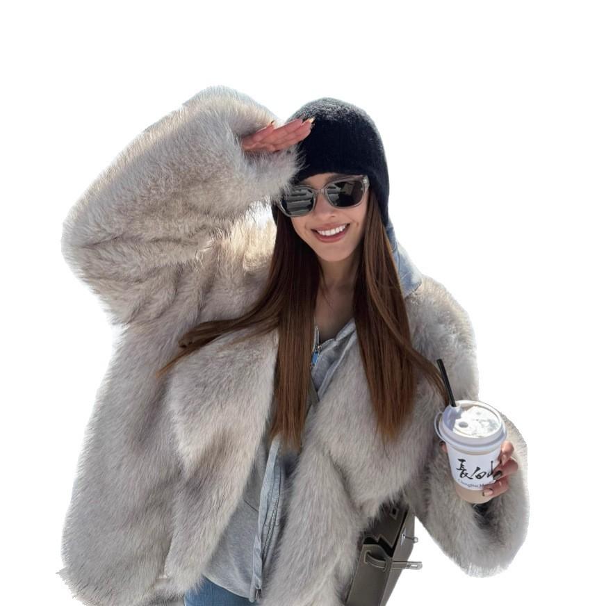 New lazy wind fluffy fox fur coat loose and versatile fashion medium and long imitation fur coat women