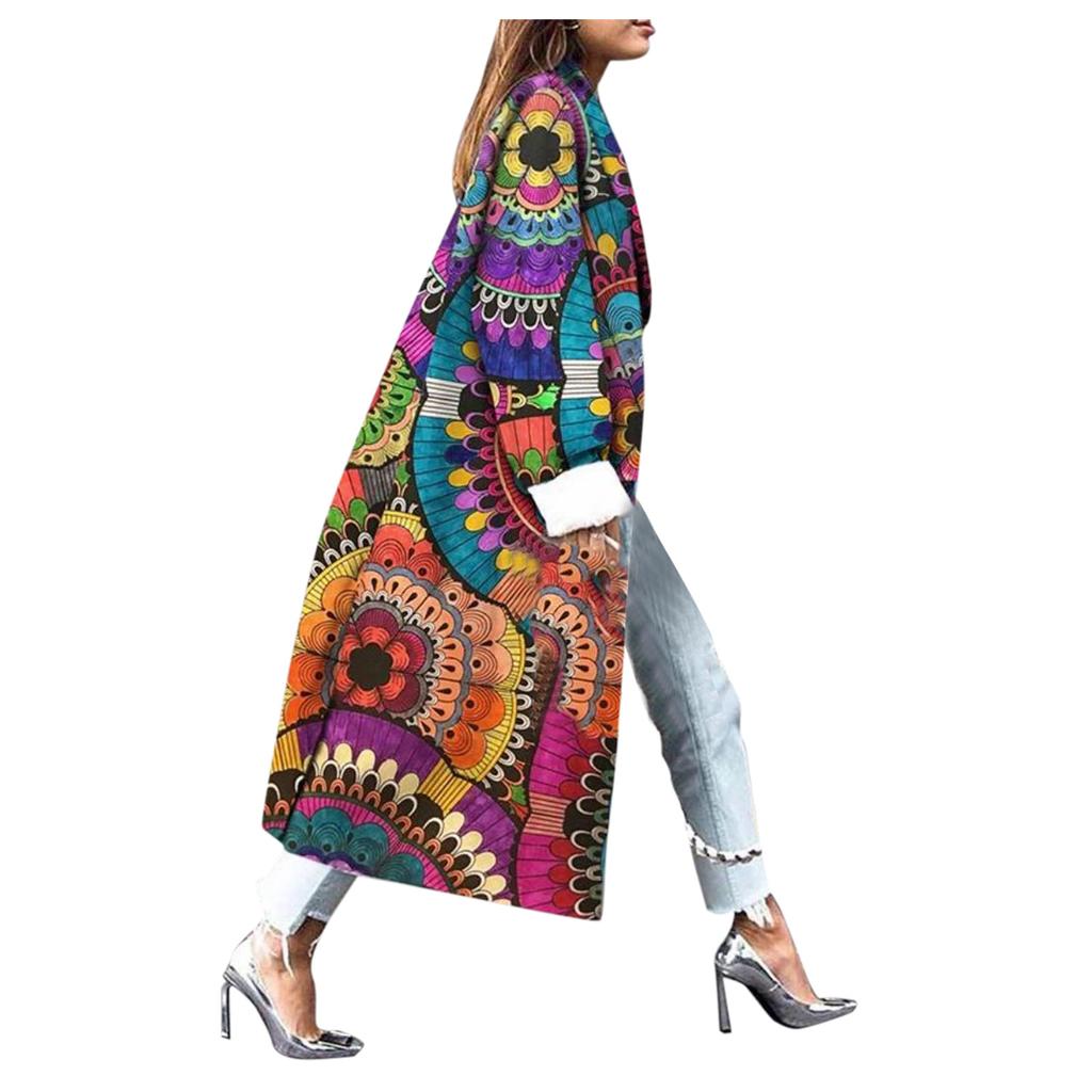 Fashionable Women's Printed Pocket Double Breasted Coat Cardigan Coat