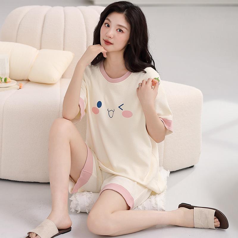 Пижама женская из чистого хлопка с короткими рукавами, студенческий пуловер с рисунком из хлопка, корейская версия, женская домашняя одежда