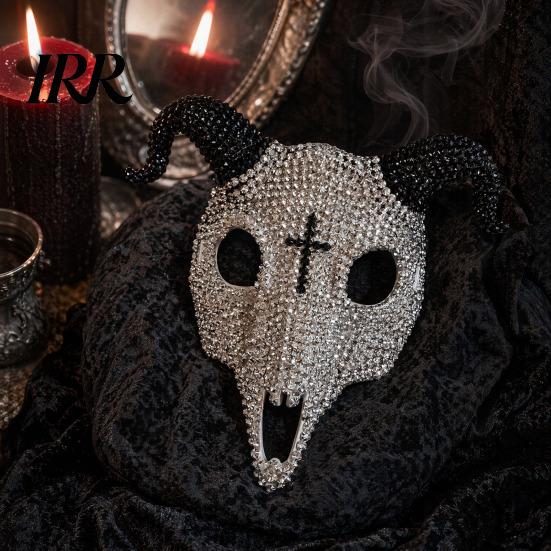 Lightweight Halloween Mask Goat Head Skull Mask, Horror Rhinestone Animal Scary Breathable Horned Devil Masquerade Cosplay Costume Party Prop