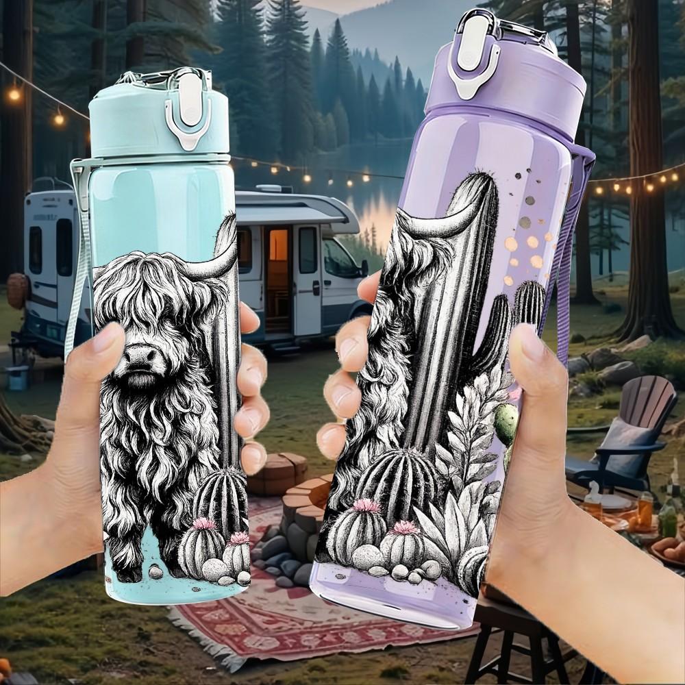 1PC Highland Cow Cactus Desert Print 750ml Color Plastic Sports Water Bottle Leakproof Flip Straw Lid Suitable for Sports Office Home Use
