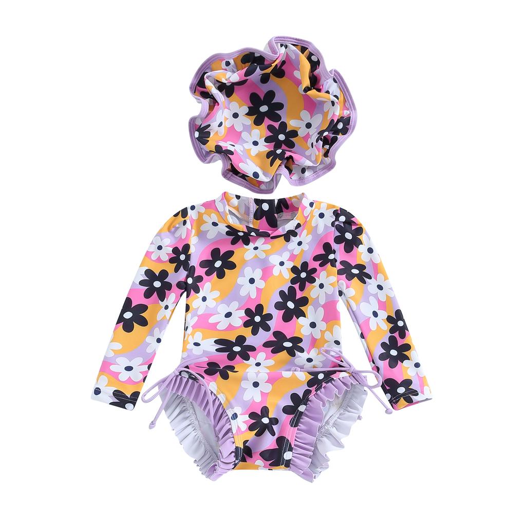 Купальник с длинным рукавом и принтом «Цветы/Мороженое» для девочки, детский купальный костюм, детская купальная одежда с солнцезащитной шляпой