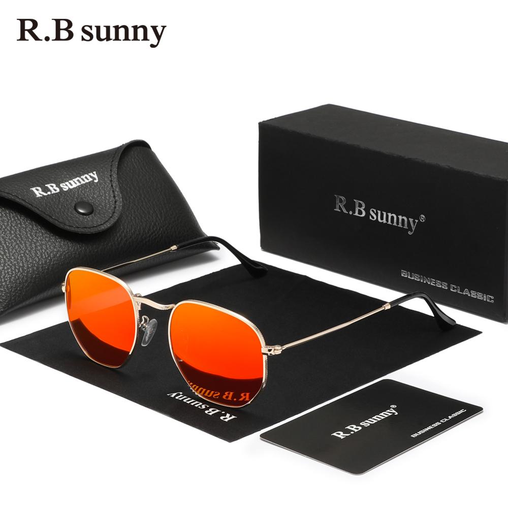 RBsunny Классические поляризованные солнцезащитные очки Мужские шестиугольные ретро-очки из нержавеющей стали Женские очки UV400 с квадратными многоугольными зеркальными линзами