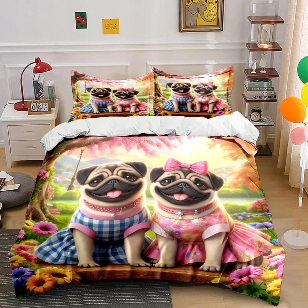 Cute Pug Print Bedding Set Sports Enthusiast 1 Duvet Cover 1/2 Pillowcases Adult and Children Bedding Set Luxury Gift