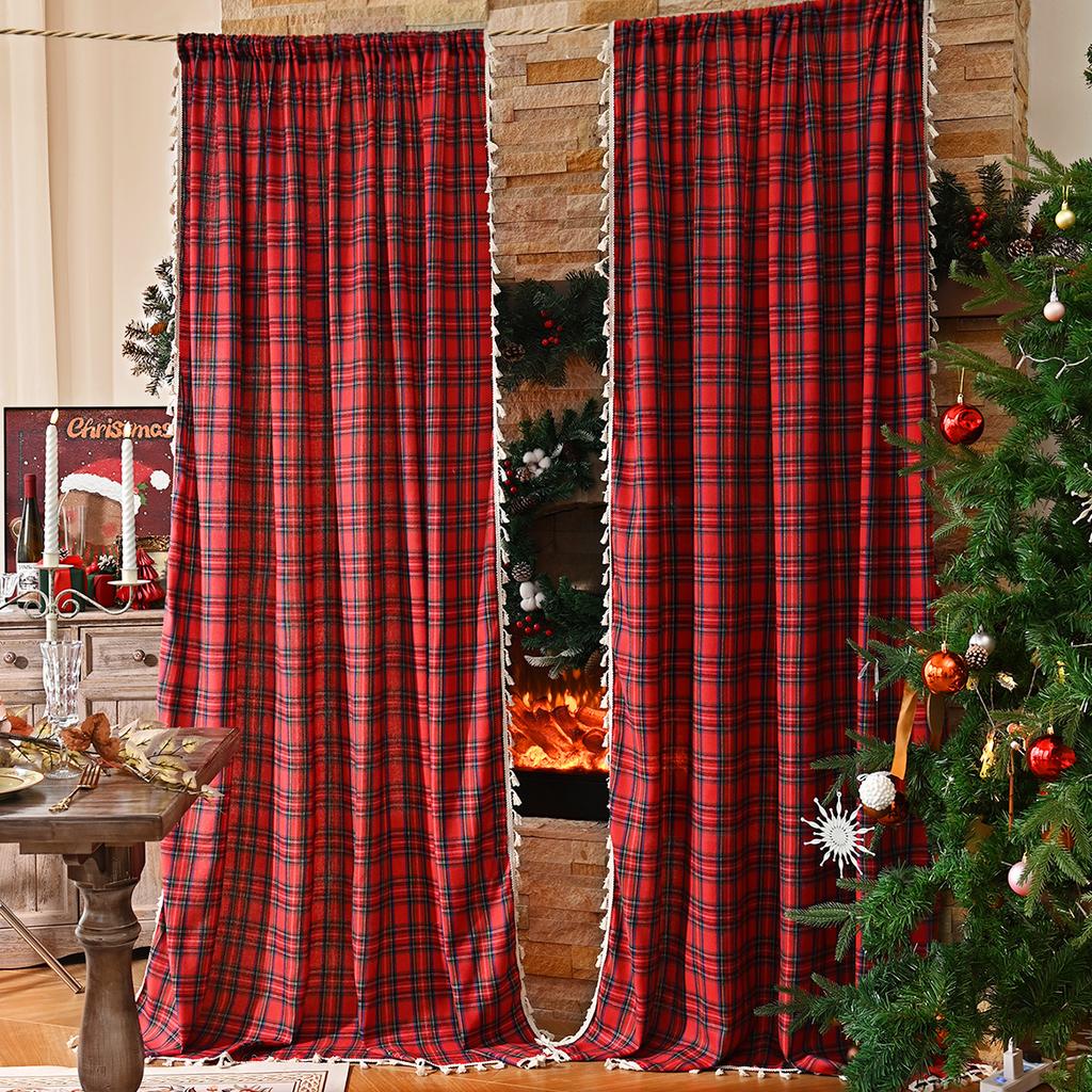 2025New Plaid Pattern Curtains Lace Curtains Rod Tassel Curtains Vintage Red Curtains