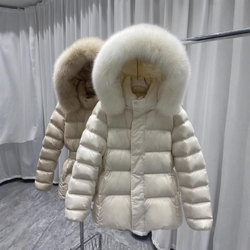 Winter new down cotton clothes big raccoon fur collar hooded waist strap cotton clothes thickened and thin cold-proof jacket tide