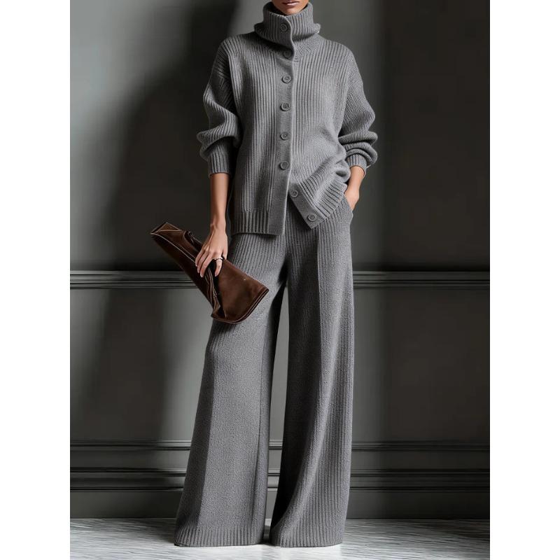 Autumn and Winter New High Collar Solid Color Cardigan Long Sleeve Top Wide Leg Pants Fashion Set Two Piece Set