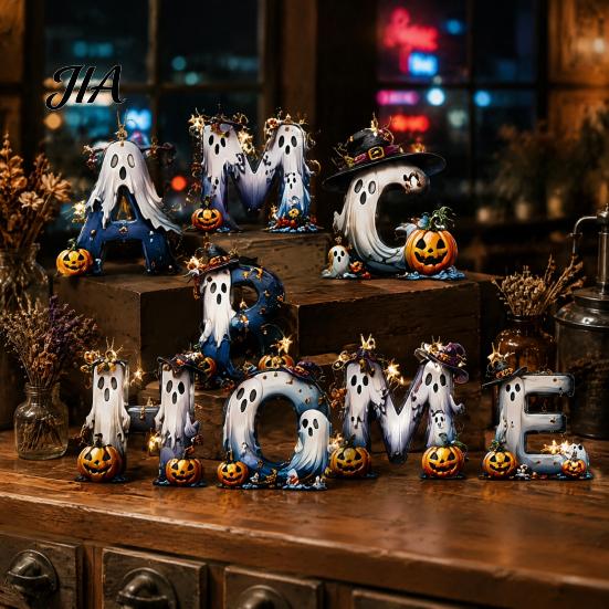 Tree Hanging Gift Tag Accessories Halloween Letter Ornament, Spooky Wooden Alphabet Letters Pendant with Ghost Reusable Seasonal Decor Pumpkin
