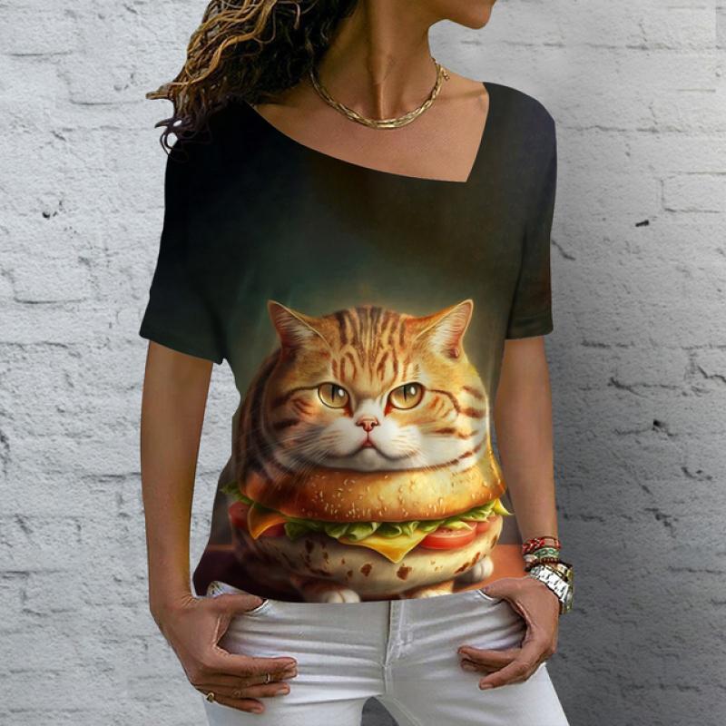 Женская футболка Kawaii Cat Print 3D футболка Топ для девочек Y2k Одежда Летние футболки с короткими рукавами с v-образным вырезом Повседневная праздничная женская футболка