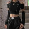 Sexy Women Goth Dark E-girl Style Patchwork Black T-shirts Gothic Open Shoulder Sleeve Y2k Crop Tops Ruffles Hem Hip Hop Techwear Women Tee