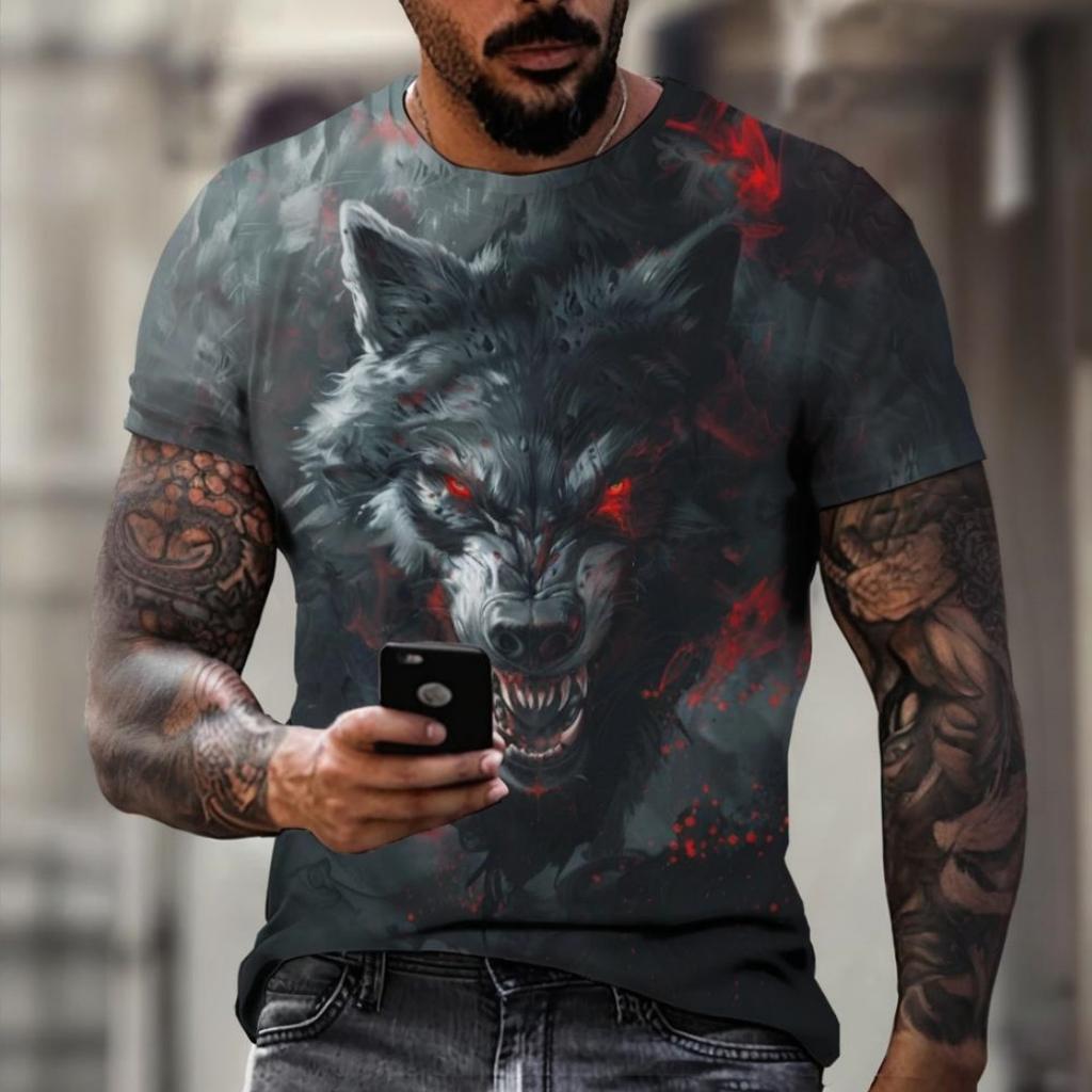 Summer Round Neck 3D Wolf Print Top Fashionable Casual Short Sleeved Men's T-shirts