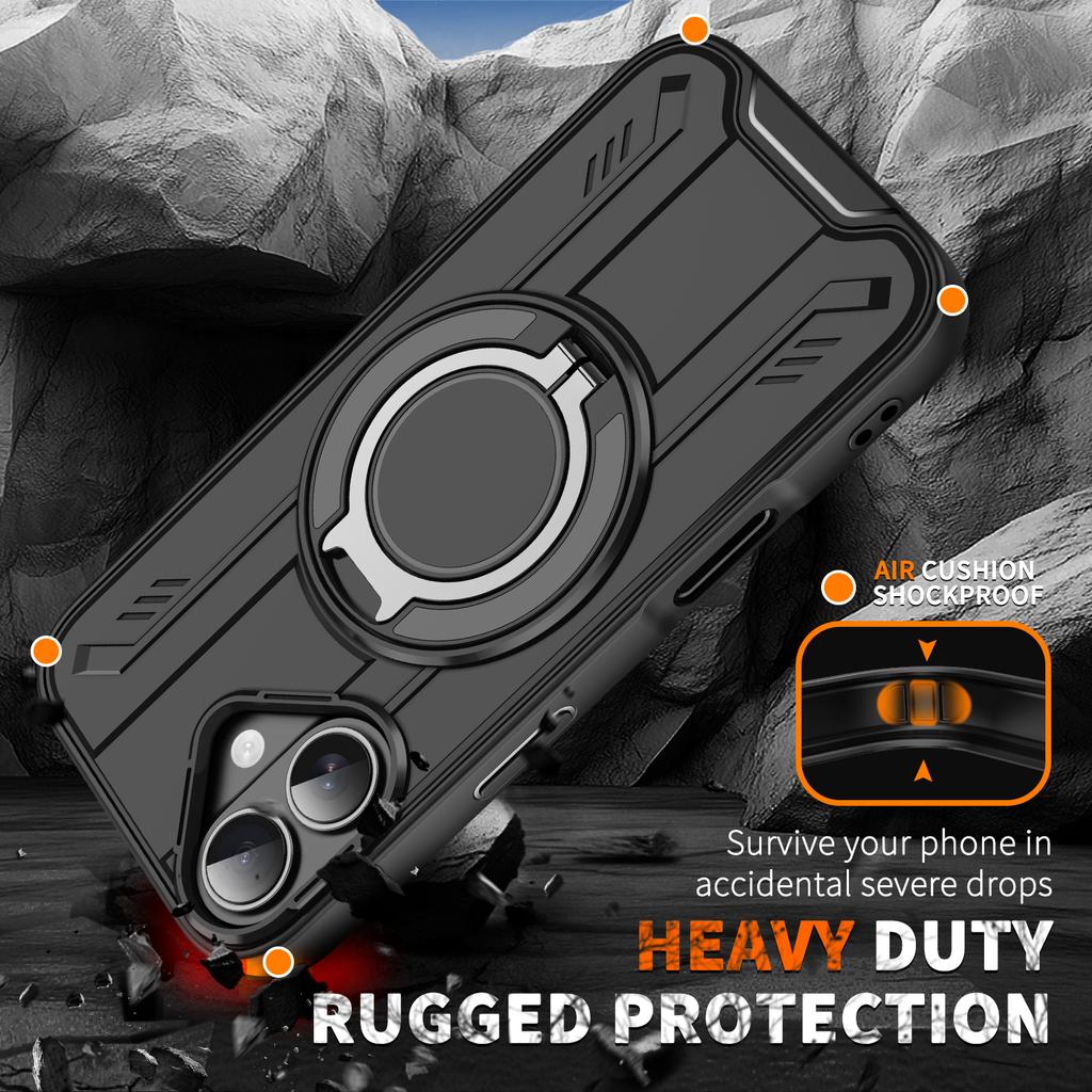 For iPhone 16 Plus Case Compatible with MagSafe Rotating Ring Kickstand PC + TPU Shockproof Phone Cover