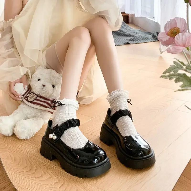 Fashion Loafers Ladies Pumps Japanese Style Lolita Gothic Pearl Mary Jane Kawaii Women's Shoes Cute Round Toe Platform with Medium Heels