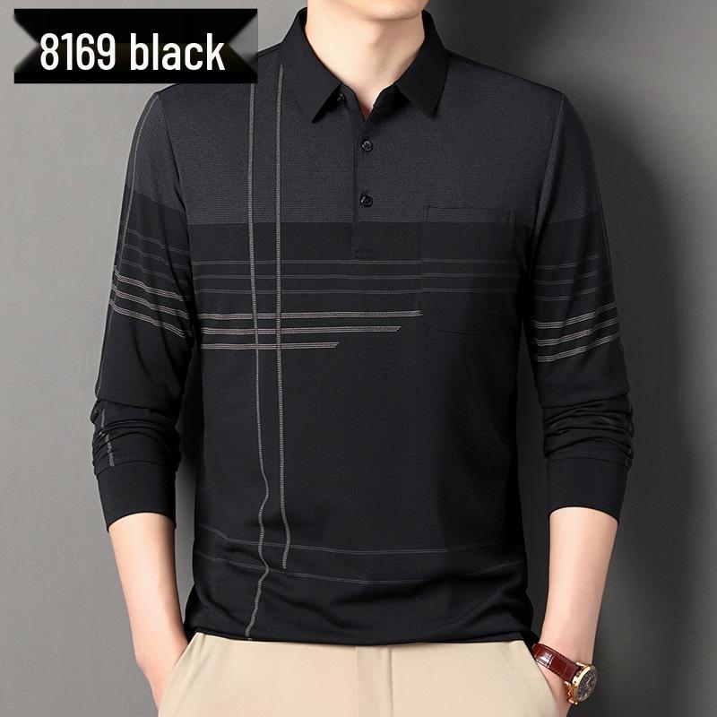 Мужское поло из хлопка в полоску на осень - С длинным рукавом, отложным воротником, дышащее, повседневная деловая рубашка