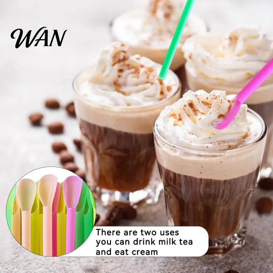 Smoothie Straws With Spoon 50/100Pcs Straw for Smoothie, 2 in 1 Disposable with Spoon, Plastic Slush Milkshake Bubble Tea Pink Orange Yellow Green