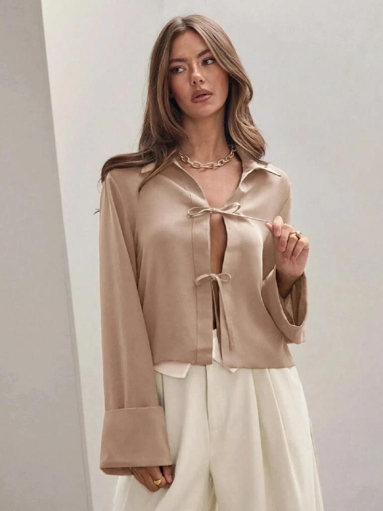 Женская весенне-летняя рубашка-кардиган с длинным рукавом и завязками-бантами, 2025