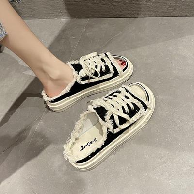 Женские парусиновые тапочки на плоской подошве, женская повседневная обувь на шнуровке, женские модные тапочки на платформе, женские джинсовые пляжные сандалии с открытым носком2024