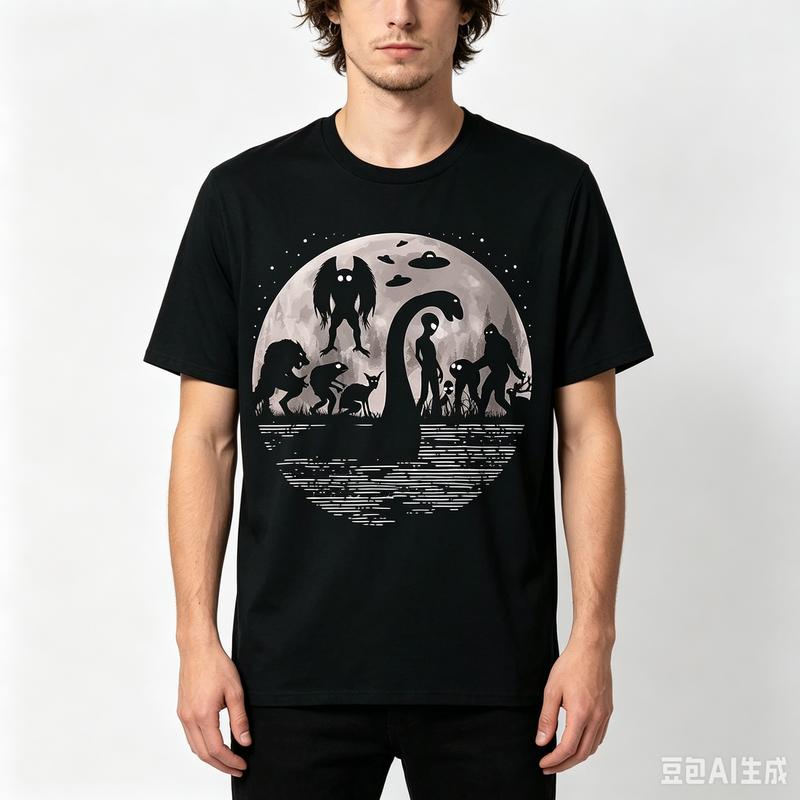 Mystery Creatures Moon Print T-Shirt UFO Bigfoot Graphic Teefor Men and Women Casual Cotton Short Sleeve Tee Top