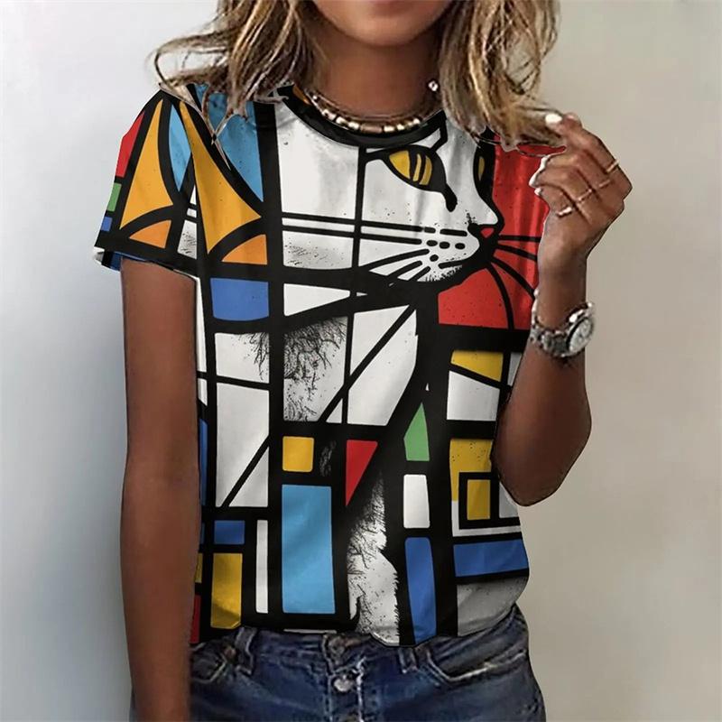 Cartoon Cat Pattern T Shirt for Women Vintage Geometric 3D Printed Short Sleeves Summer Leisure Tee Round Neck Tops T-Shirts
