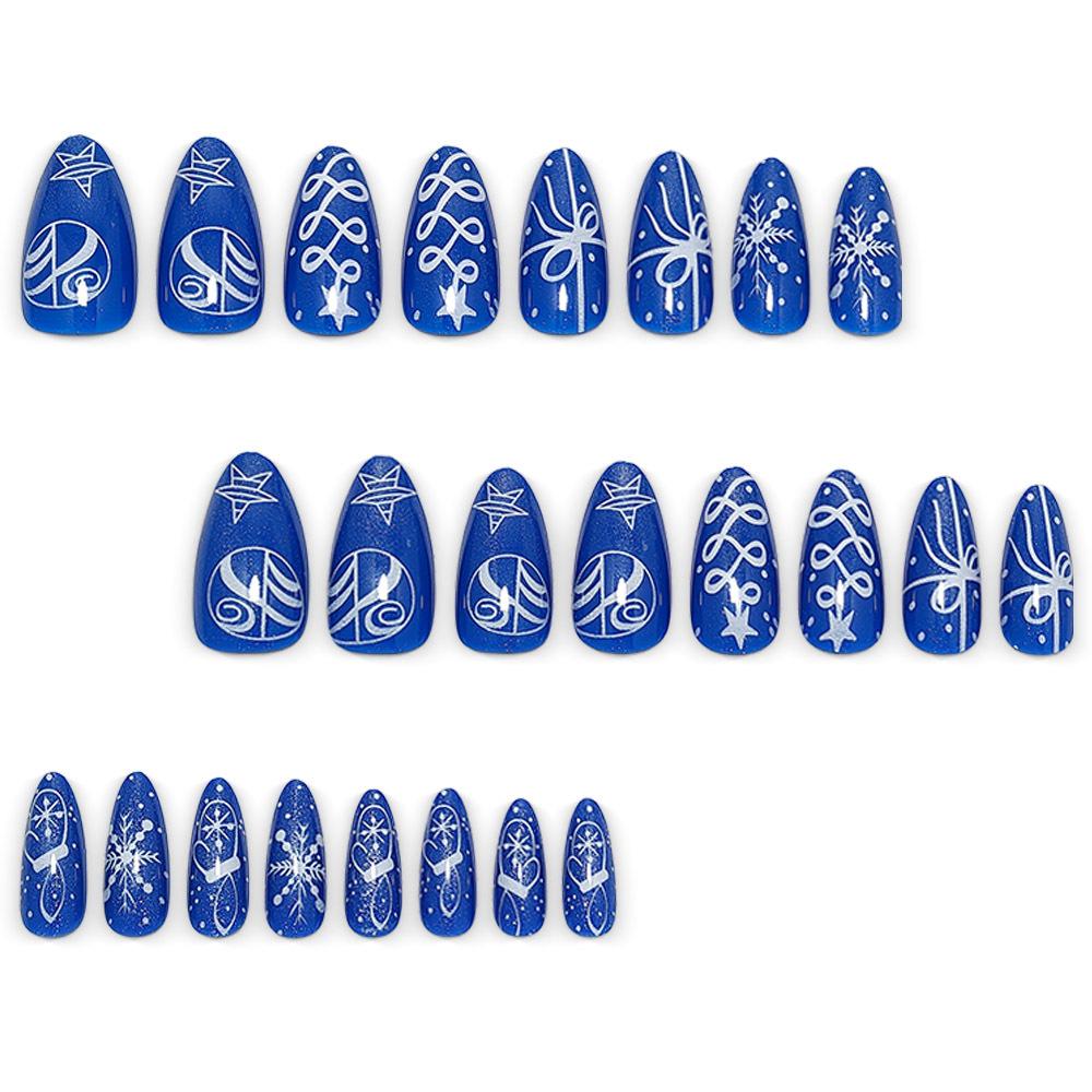 Advanced Fantasy Sapphire Blue Cat Eye Manicure, Snowflake Star Lines, Christmas Wear Nails, Winter Atmosphere Fake Nails