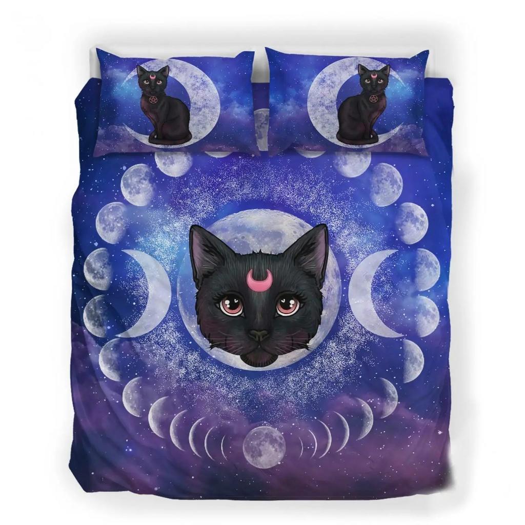 Загадочный комплект пододеяльника с черным котом Готический комплект постельного белья с черным котом Полный размер Набор из трех предметов