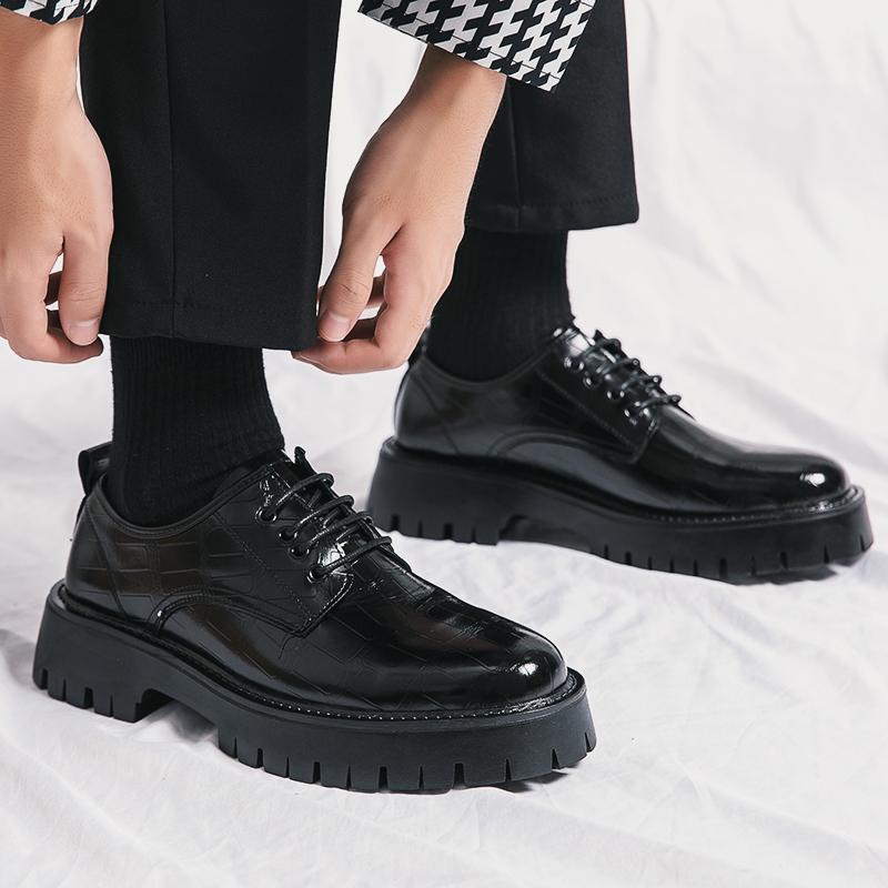 Классические черные корейские туфли с большой головкой из кожи с толстым крокодиловым узором, мужская повседневная обувь, модная мужская рабочая обувь