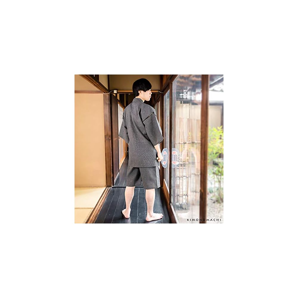 KIMONOMACHI Kyoto Kimono Town Original Men's Jinbei (Japanese summer wear) - Black check pattern,