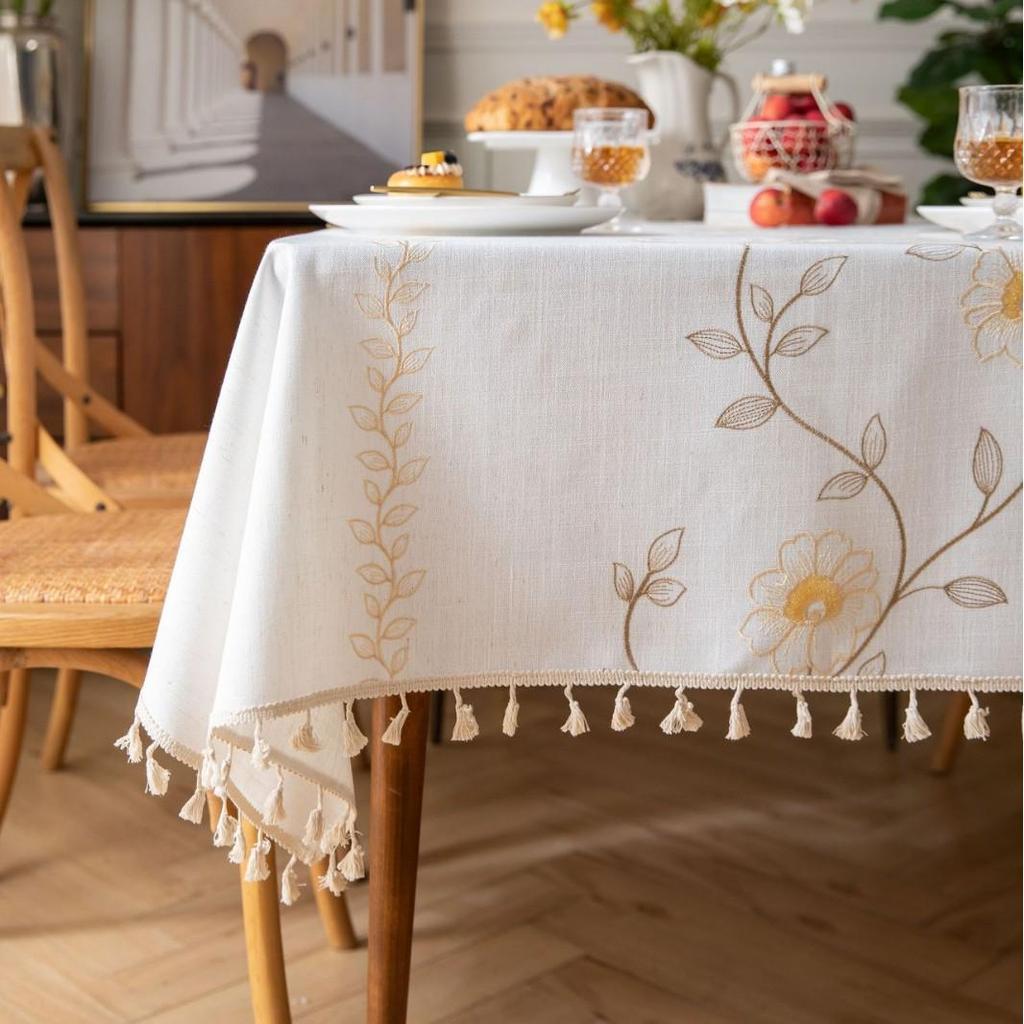 Jiexin European Style Embroidered Tablecloth - Coffee Leaves Design for Home Decor