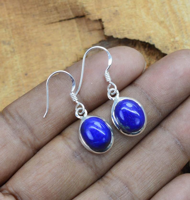 Solid 925 Sterling Silver Lapis Lazuli Gemstone Handmade Designer Earrings Women Jewelry