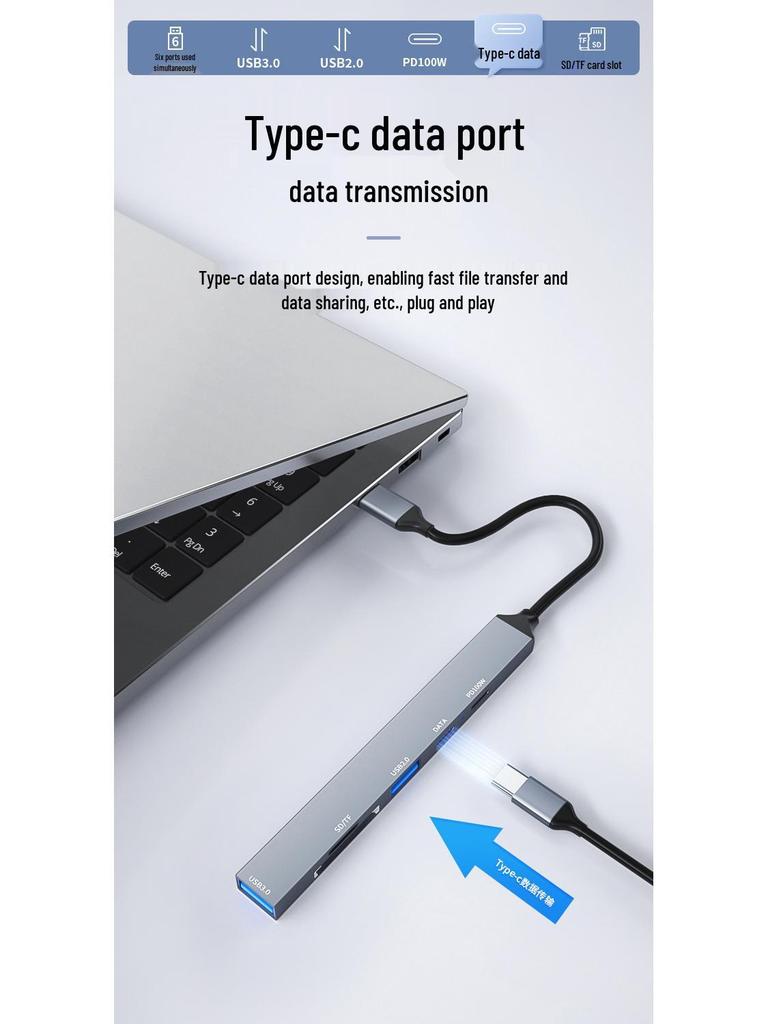 Док-станция расширения 6-в-1 Type-C: USB 3.0, Кардридер TF/SD, Хаб питания PD 100 Вт