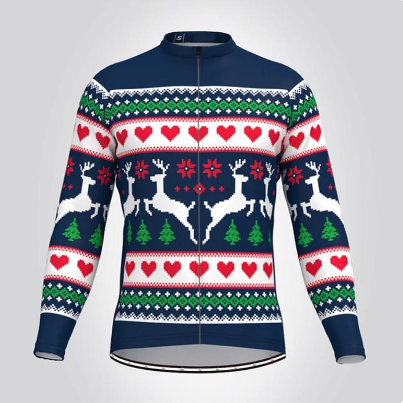 Christmas Fleece Cycling Jersey Long Sleeve Cute Warm Thick Thermal Top Winter