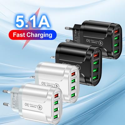 Зарядное устройство USB с 4 портами, быстрая зарядка 5.1A 48 Вт, адаптер для телефона для iPhone Xiaomi, вилка EU/US, портативное настенное мобильное быстрое зарядное устройство