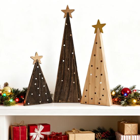 3Pcs Rustic Wood Christmas Trees Handmade Shelf Decor for Mantel & Tabletop Farmhouse Holiday Ornaments