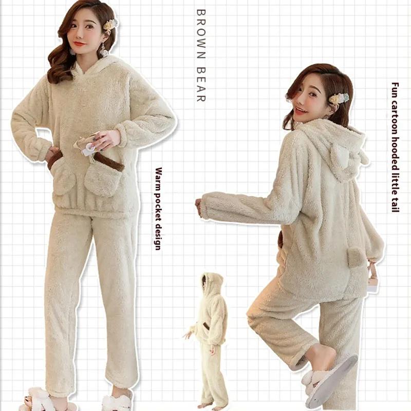 Thickened Warm Flannel Fall and Winter Women Cartoon Plush Hooded Bear Sleepwear Loungewear Two-Piece Solid Nightwear Homewear
