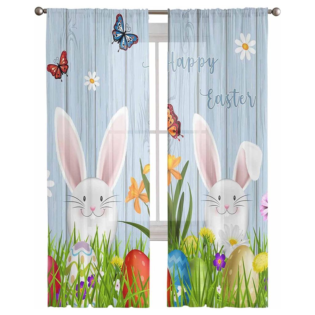 Easter Window Sheer Curtains for Bedroom Living Room Easter Egg Easter Bunny Spring Flower Chiffon Voile Sheer Drapes Curtain