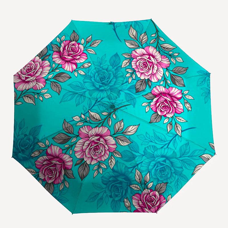 1pc Floral Pattern with Pink Roses on Teal Background Umbrella with Plastic Handle,Compact & Stylish,Suitable for All Seasons ptys26007