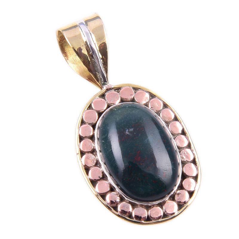 Natural Bloodstone Gemstone 925 Solid Sterling Silver TwoTone Pendant 1.25" V4D65