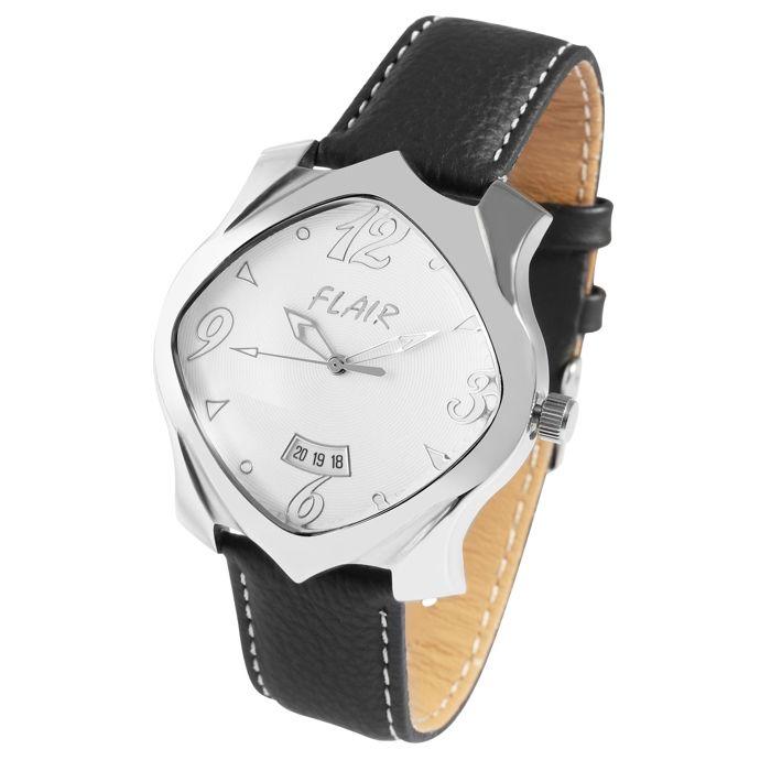 Montre homme - FLAIR - Boîtier ovale 42 mm - Cadran noir - Bracelet cuir 20 mm