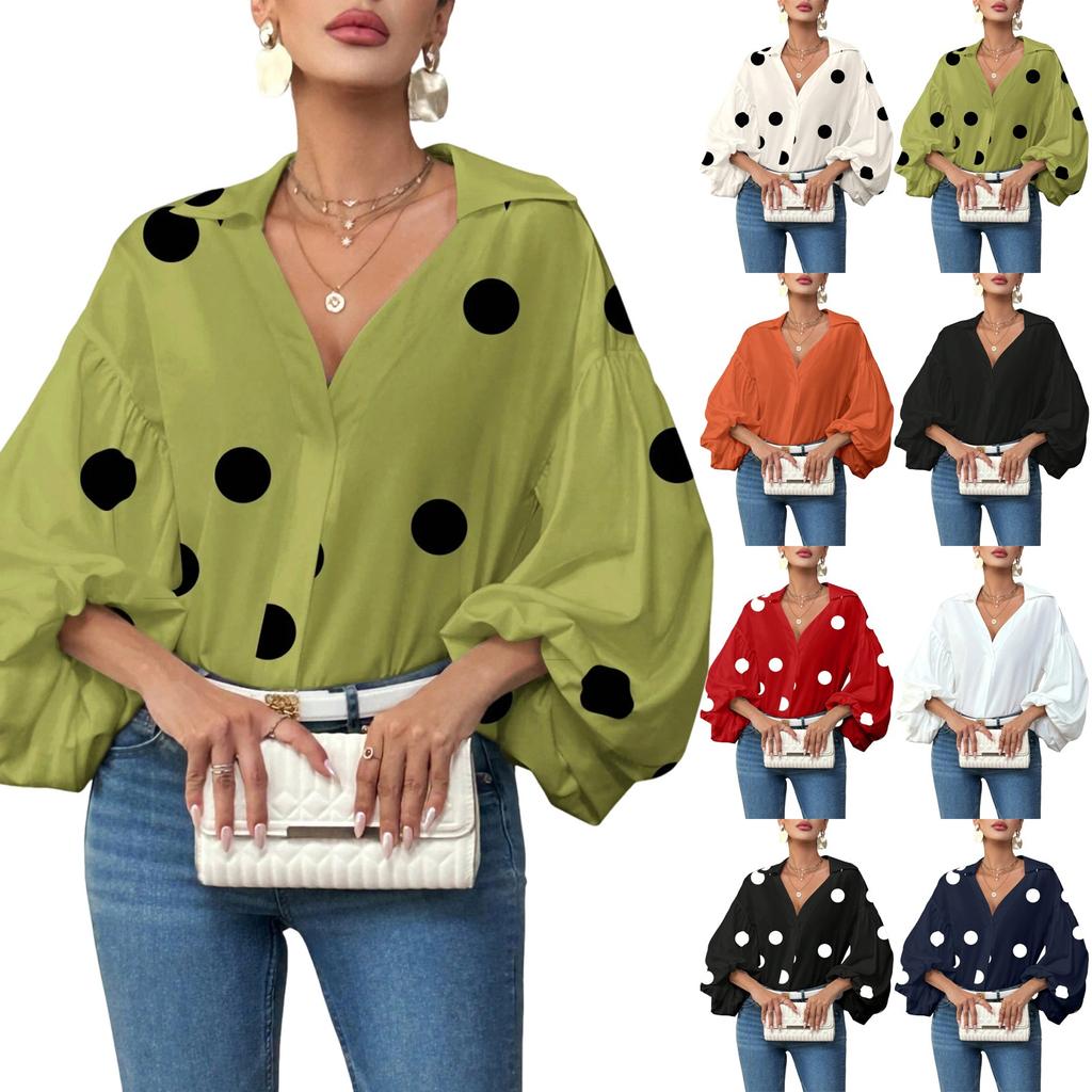 Women's  Casual French Polka Dot Half Open Neck Loose Bubble Long Sleeve Top