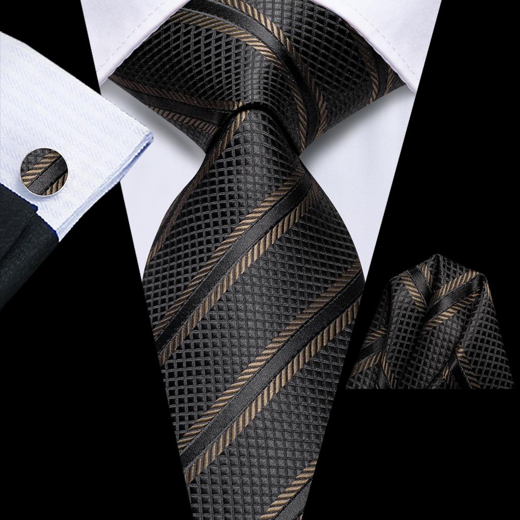 Hi-Tie Dark Gold Plaid Jacquard Mens Silk Tie Classic Necktie Cufflink Hanky Set
