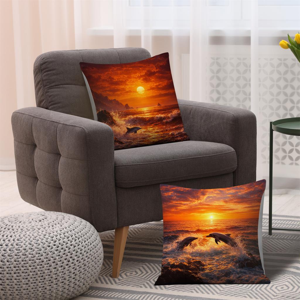 4Pcs Dolphin Sunset Ocean Pillow Covers, Double-Sided Printed Throw Pillow Cases, Nautical Home Decor Cushion Covers No Insert