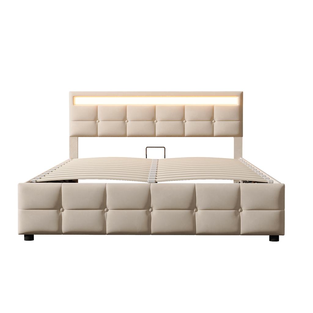 Upholstered Bed 180*200cm, LED Lights, Slatted Frame, Hydraulic Single Bed, Dutch Velvet Fabric, Beige
