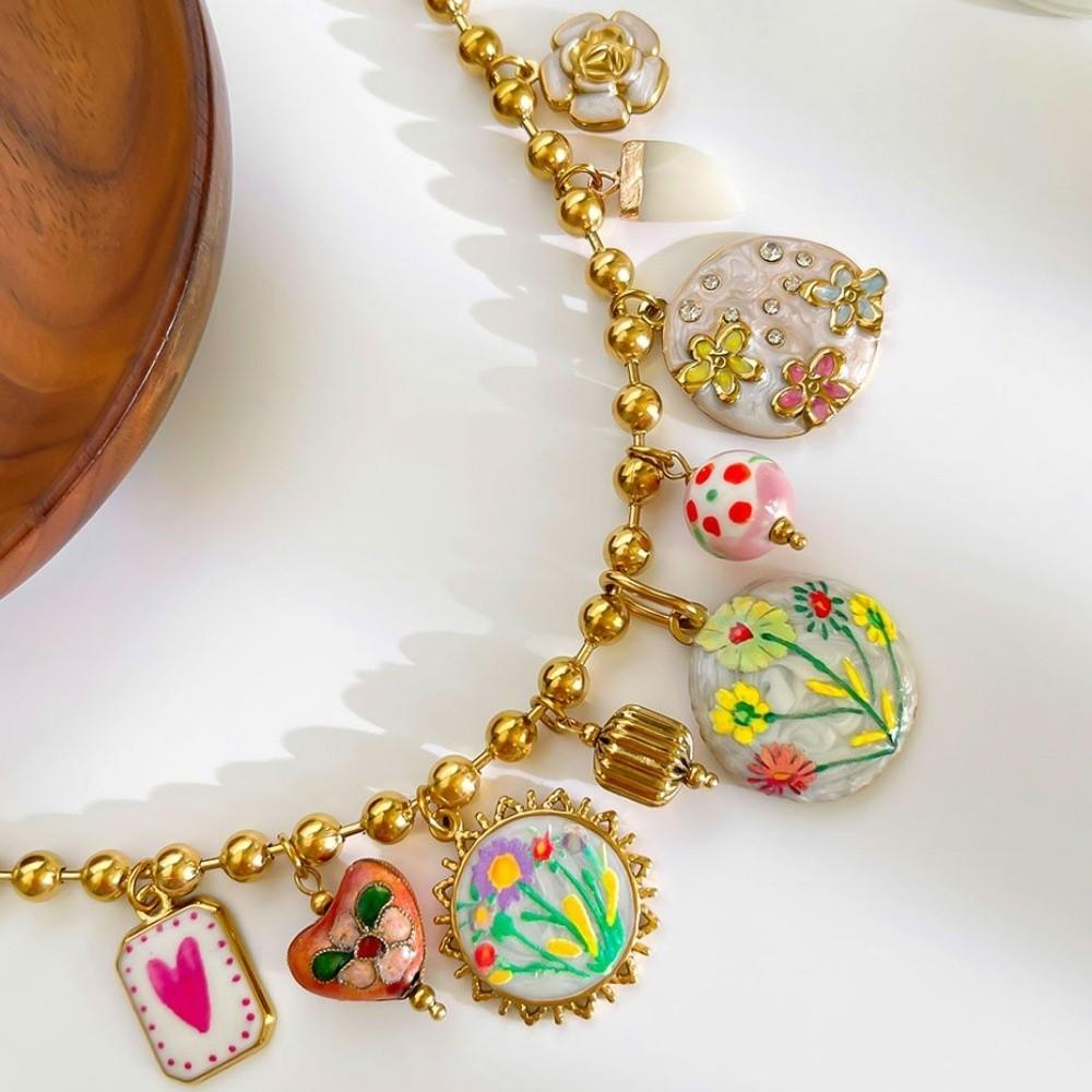 Flower Beads Necklace Enamel Ceramic Pendant Choker Necklaces Multiple Pendant Necklace For Women